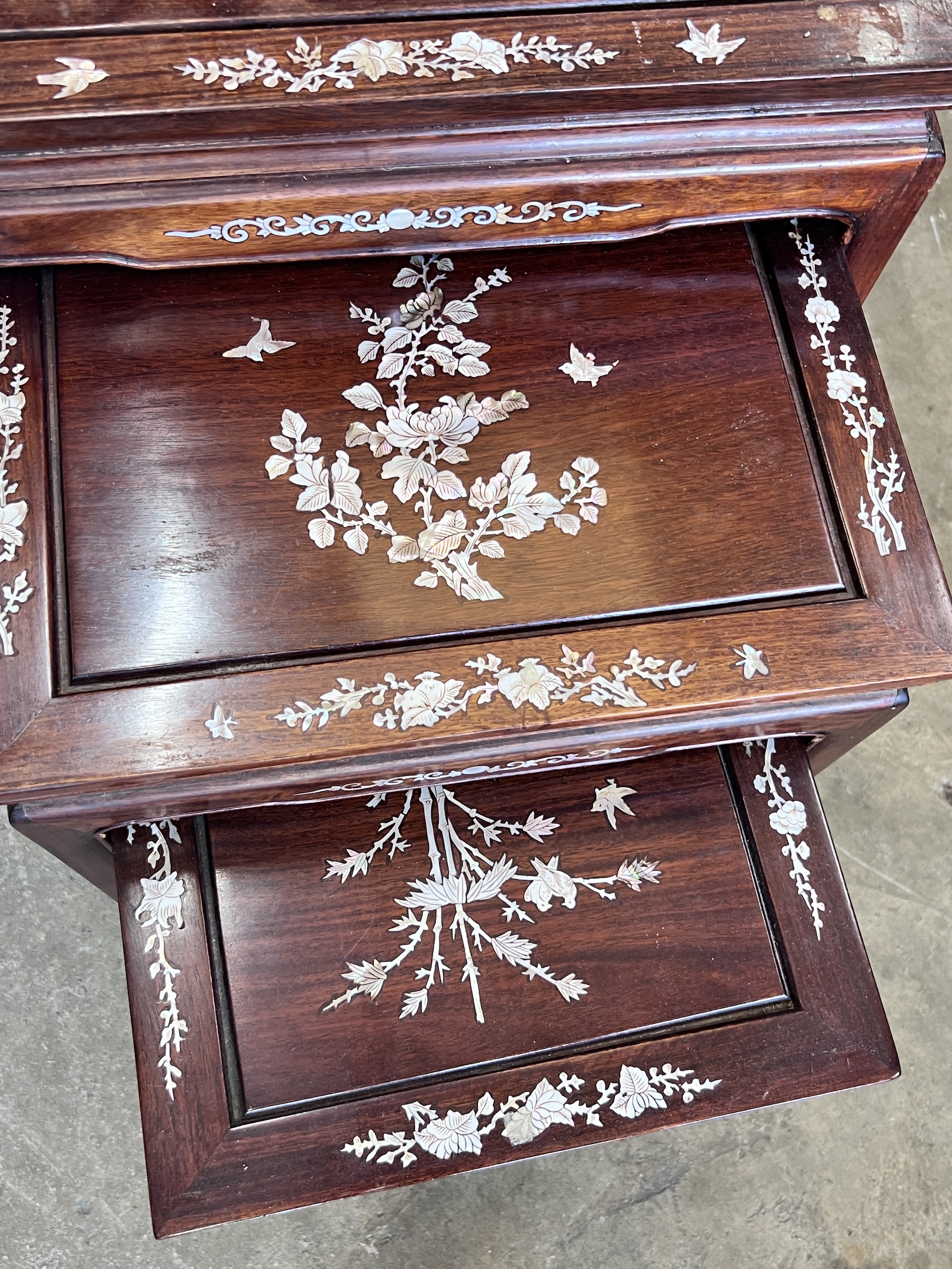 A quartetto of Chinese mother of pearl inlaid rectangular hardwood tea tables, width 51cm, depth 36cm, height 66cm